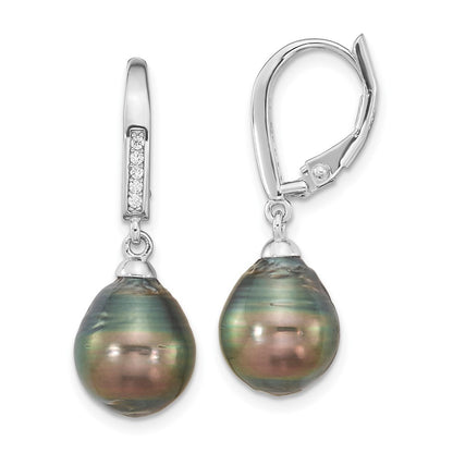 Sterling Silver Black Tahitian Saltwater Cultured Pearl & CZ Dangle Earrings