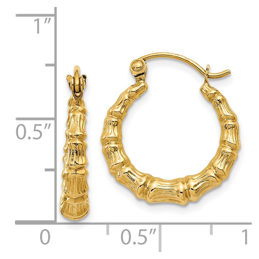 14k Yellow Gold Polished Bamboo Design Hollow Hoop Earrings Gift for Women