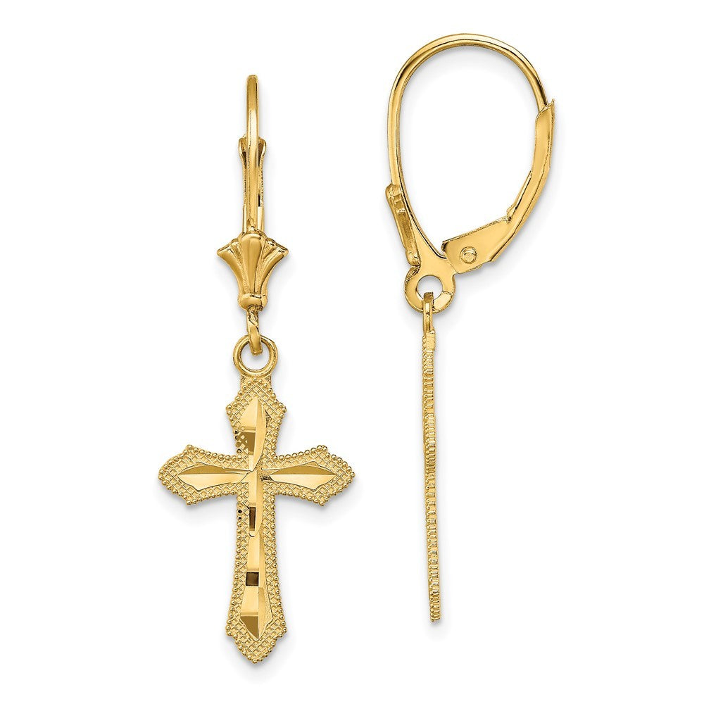14k Yellow Gold Diamond-Cut Cross Beaded Edge Drop Dangle Earrings