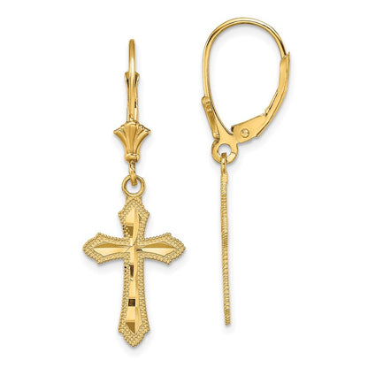 14k Yellow Gold Diamond-Cut Cross Beaded Edge Drop Dangle Earrings
