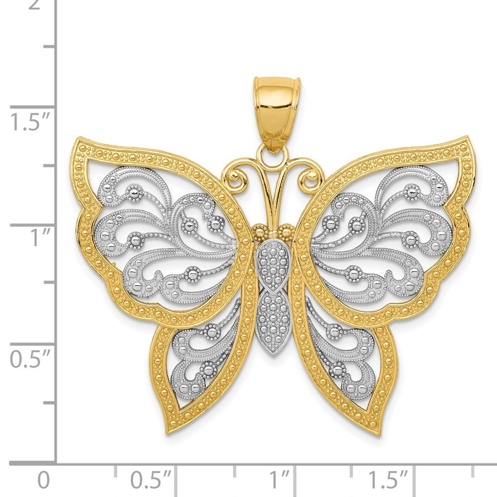 14k Yellow Gold w Rhodium Diamond-cut Butterfly Pendant