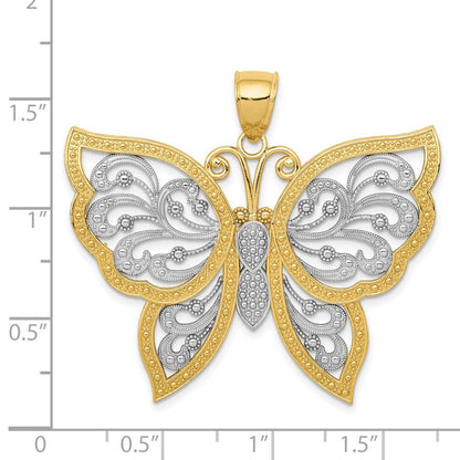14k Yellow Gold w Rhodium Diamond-cut Butterfly Pendant