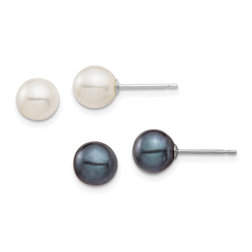 14k Gold 6-7mm Black and Freshwater Cultured Pearl 2 Pair Stud Earrings Set