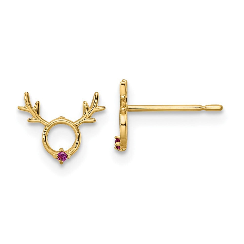 14k Yellow Gold Red Cubic Zirconia Reindeer Stud Earrings Gift for Women