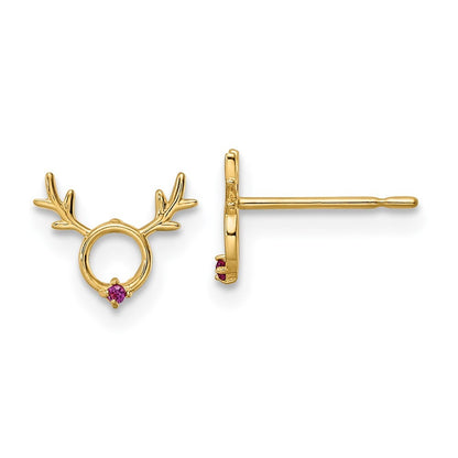 14k Yellow Gold Red Cubic Zirconia Reindeer Stud Earrings Gift for Women