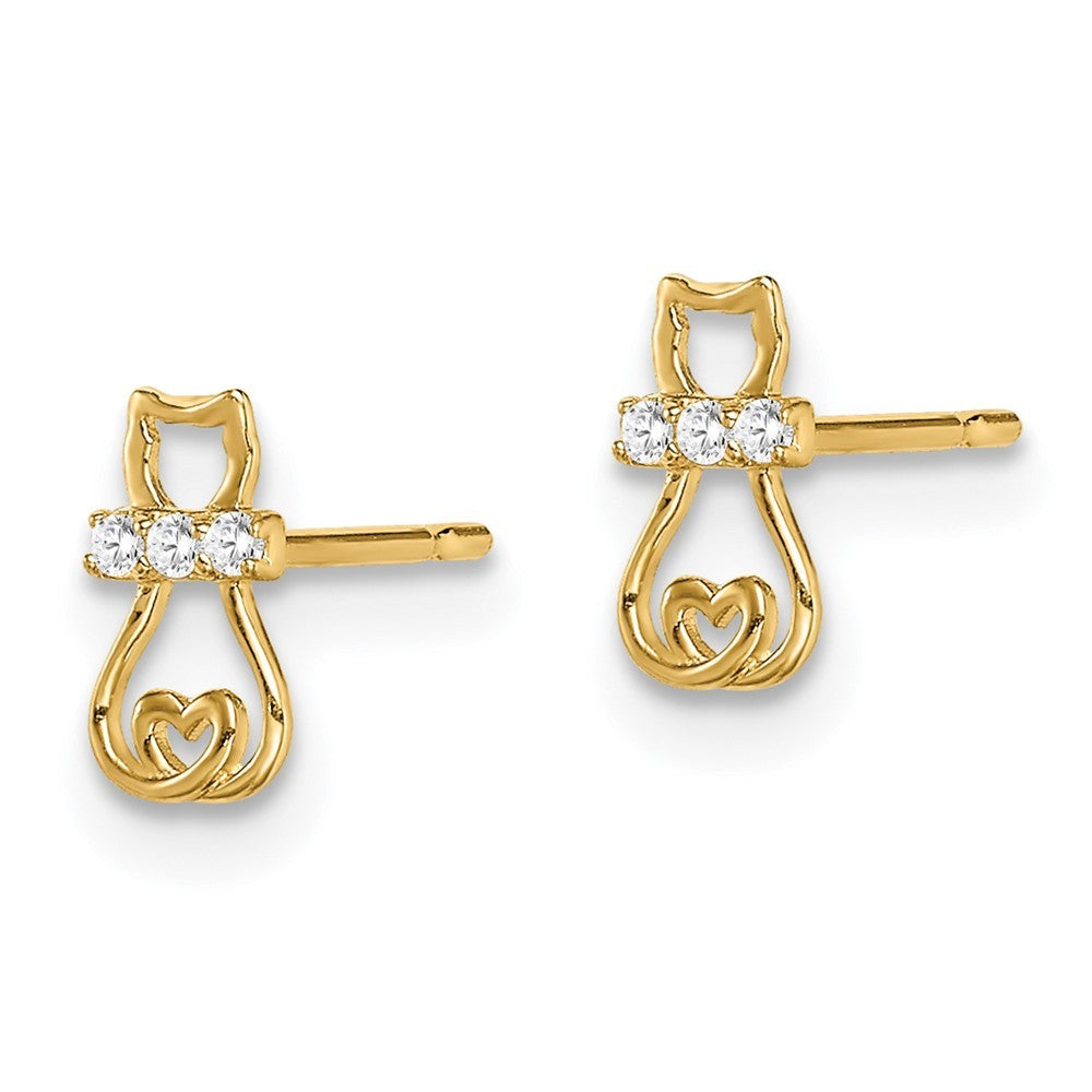 14k Yellow Gold CZ Cat with Heart Tail Earrings