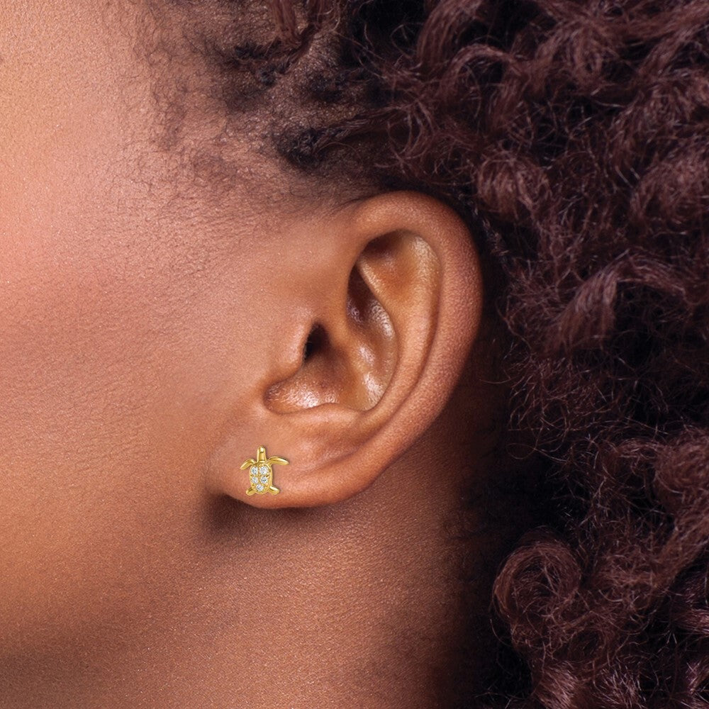 14k Yellow Gold Cubic Zirconia Turtle Stud Earrings Gift for Women