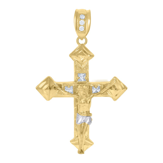 10k Two-Tone Gold Princess Cut Cubic-Zirconia Crucifix Cross Religious Pendant