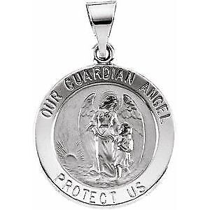 14k White Gold 18 mm Hollow Round Guardian Angel Medal Pendant