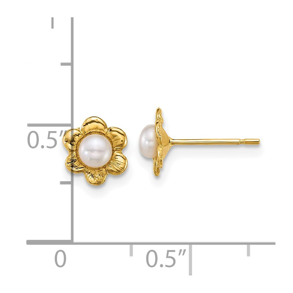 14k Yellow Gold 3-4mm Button Freshwater Cultured Pearl Flower Stud Earrings