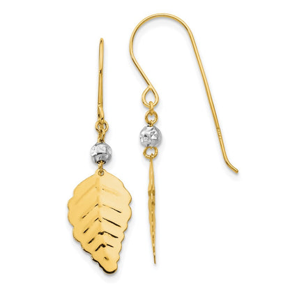 14K Two Tone Stamped Leaf Drop Dangle Earrings w/ Shepherd Hook
