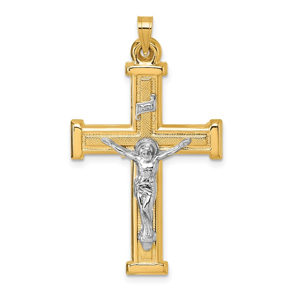 14k Yellow Gold with White Rhodium Polished INRI Crucifix Cross Pendant
