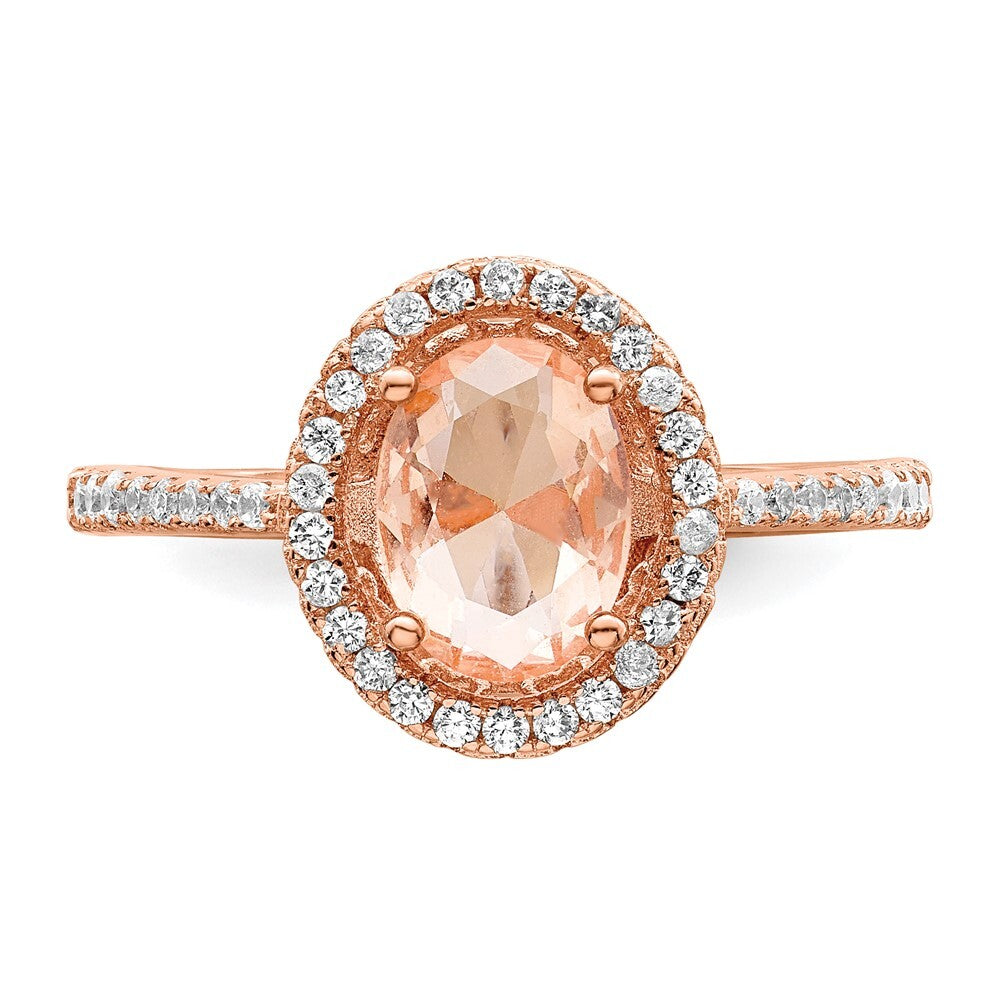 Sterling Silver Rose-tone Pink & White CZ Oval Ring Size 6