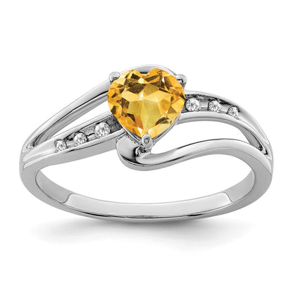 Sterling Silver Rhodium-plated Citrine and Diamond Ring Size 8