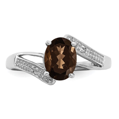 Sterling Silver Rhodium Smoky Quartz & Diamond Ring Size 6