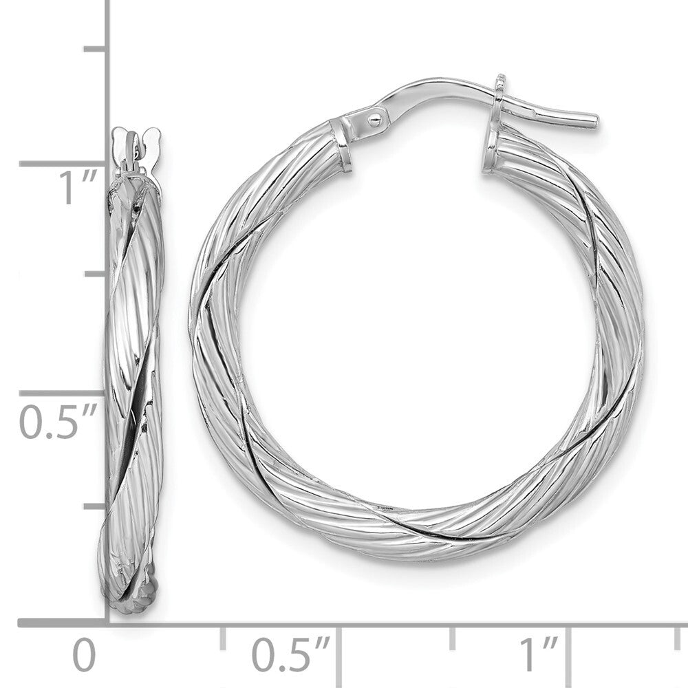 Sterling Silver RH-plated Polished and Twisted Round Hoop Earrings