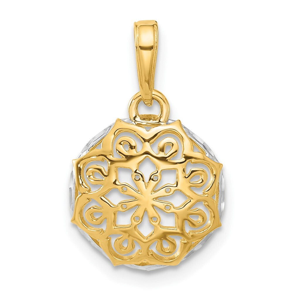 14k Yellow Gold and White Rhodium Floral Design Circle Pendant for Women