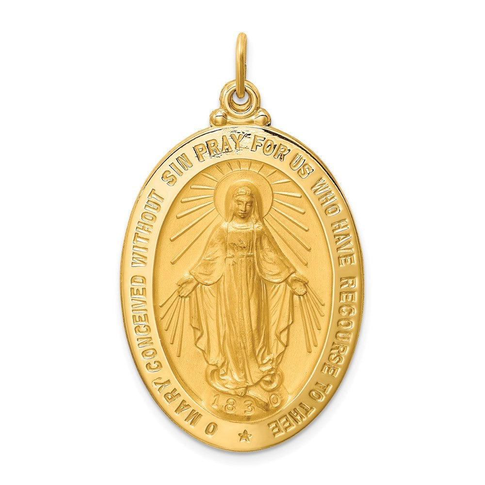 14k Yellow Gold Solid Polished Satin Large Oval Miraculous Medal