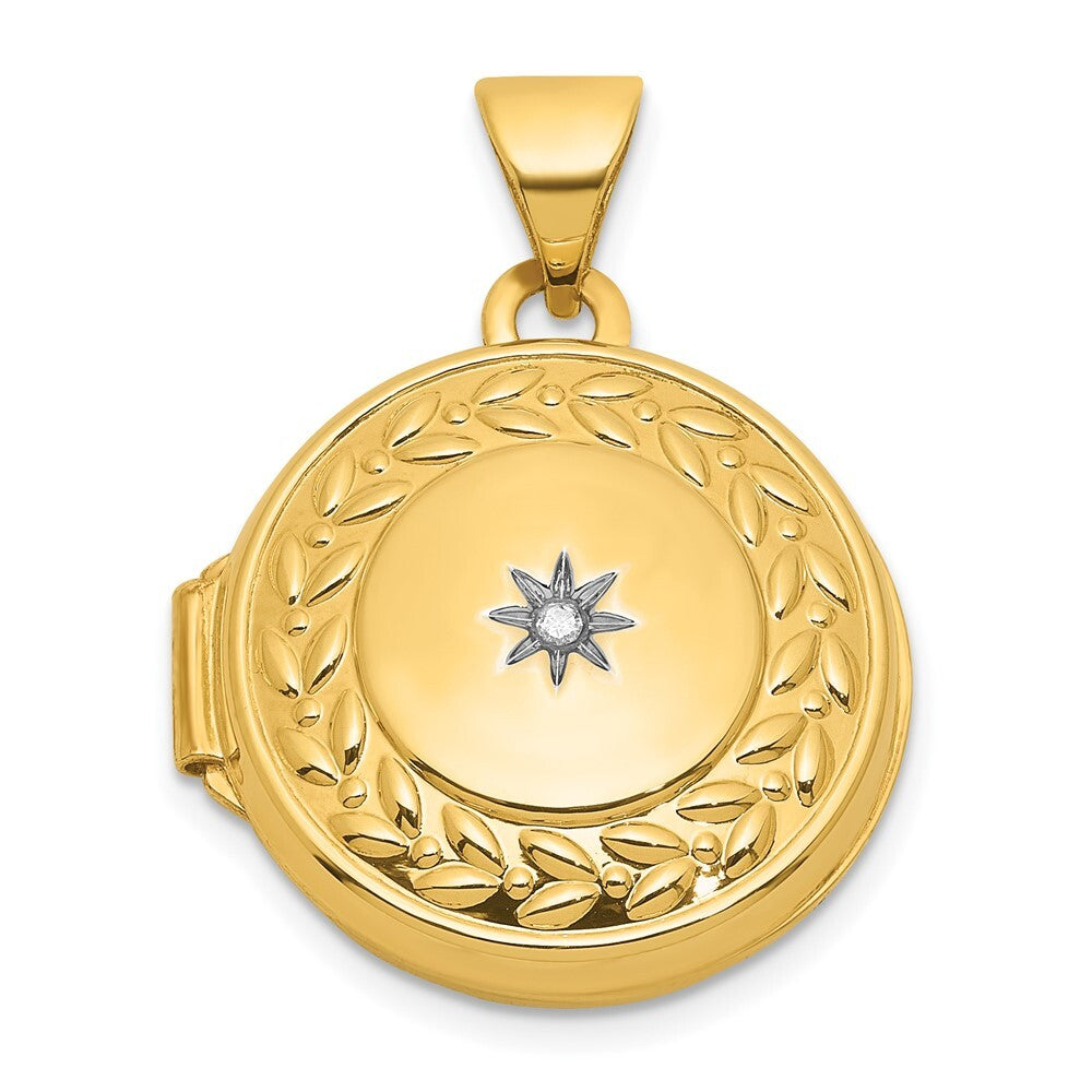 14k Yellow Gold Polished Diamond 16mm Round Locket Pendant for Women