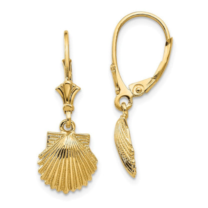 14k Yellow Gold Scallop Shell Drop Dangle Earrings
