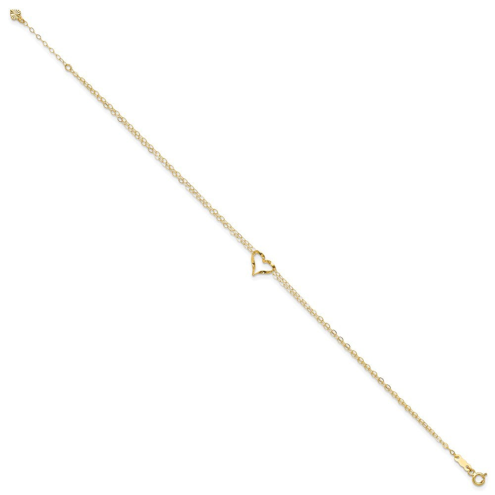 14k Yellow Gold Double Strand Chain and Twisted Heart 11" Anklet