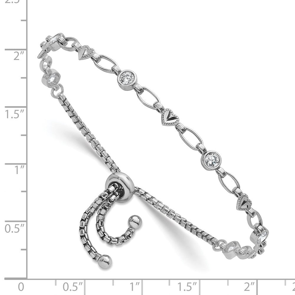 Sterling Silver Round CZ and Diamond-cut Heart Adjustable Bolo Bracelet