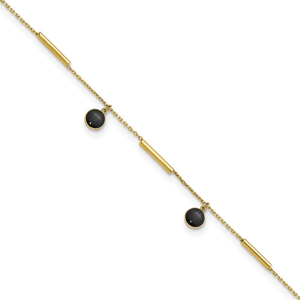 14k Yellow Gold Polished Round Onyx Dangles and Bars 10" Anklet