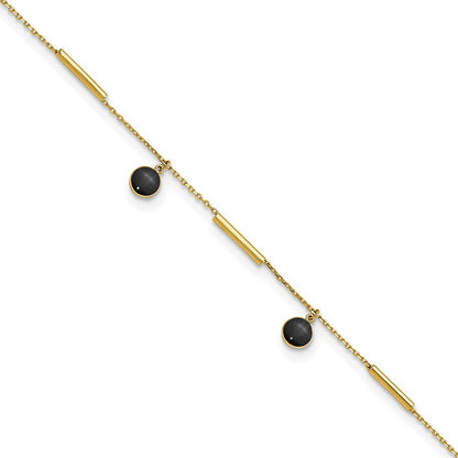 14k Yellow Gold Polished Round Onyx Dangles and Bars 10" Anklet