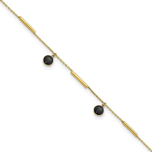 14k Yellow Gold Polished Round Onyx Dangles and Bars 10" Anklet