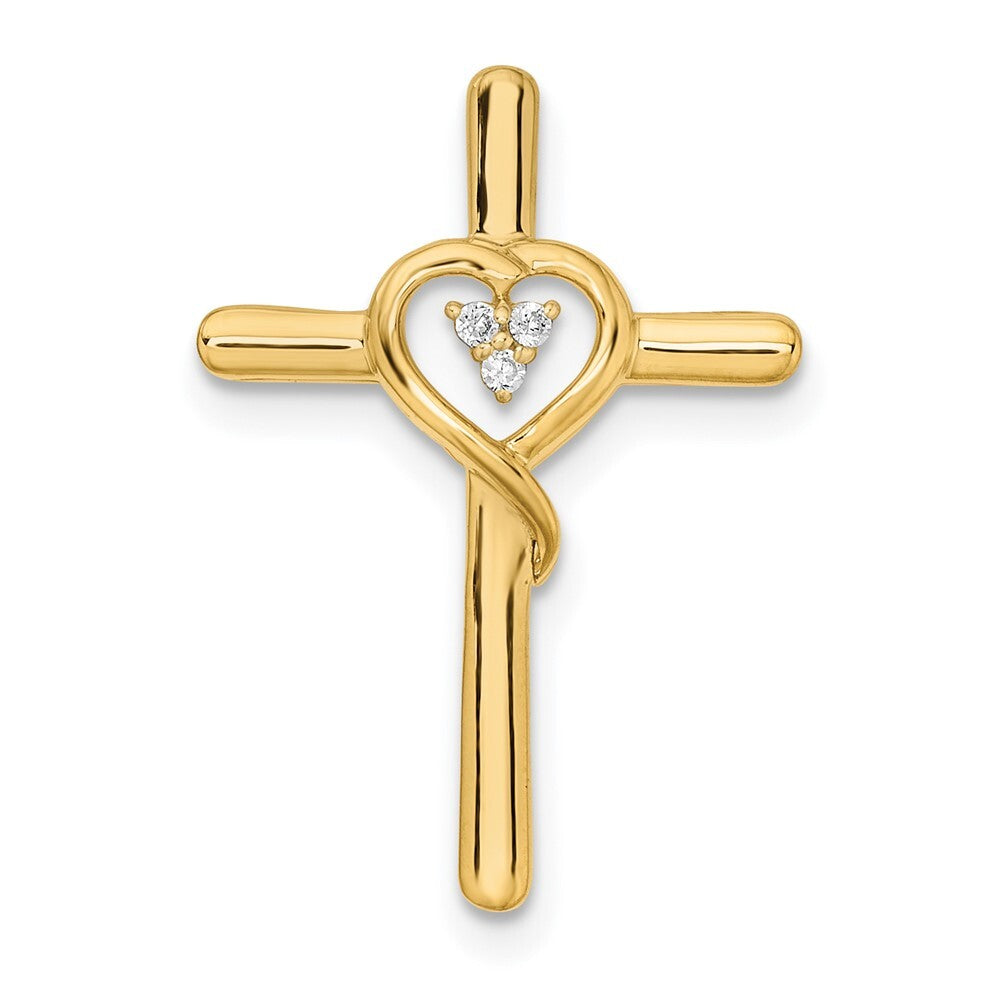 14k Yellow Gold Polished Cross with Heart Diamond Chain Slide Pendant for Women