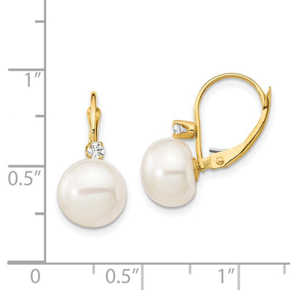 14k Yellow Gold 10-11mm Button Cultured Pearl & Diamond Leverback Earrings