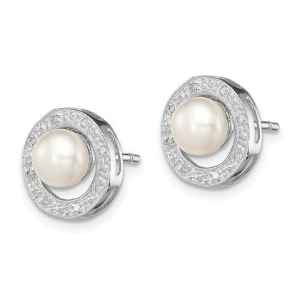 Sterling Silver Rhodium 6mm FW Cultured Pearl & Diamond Ear
