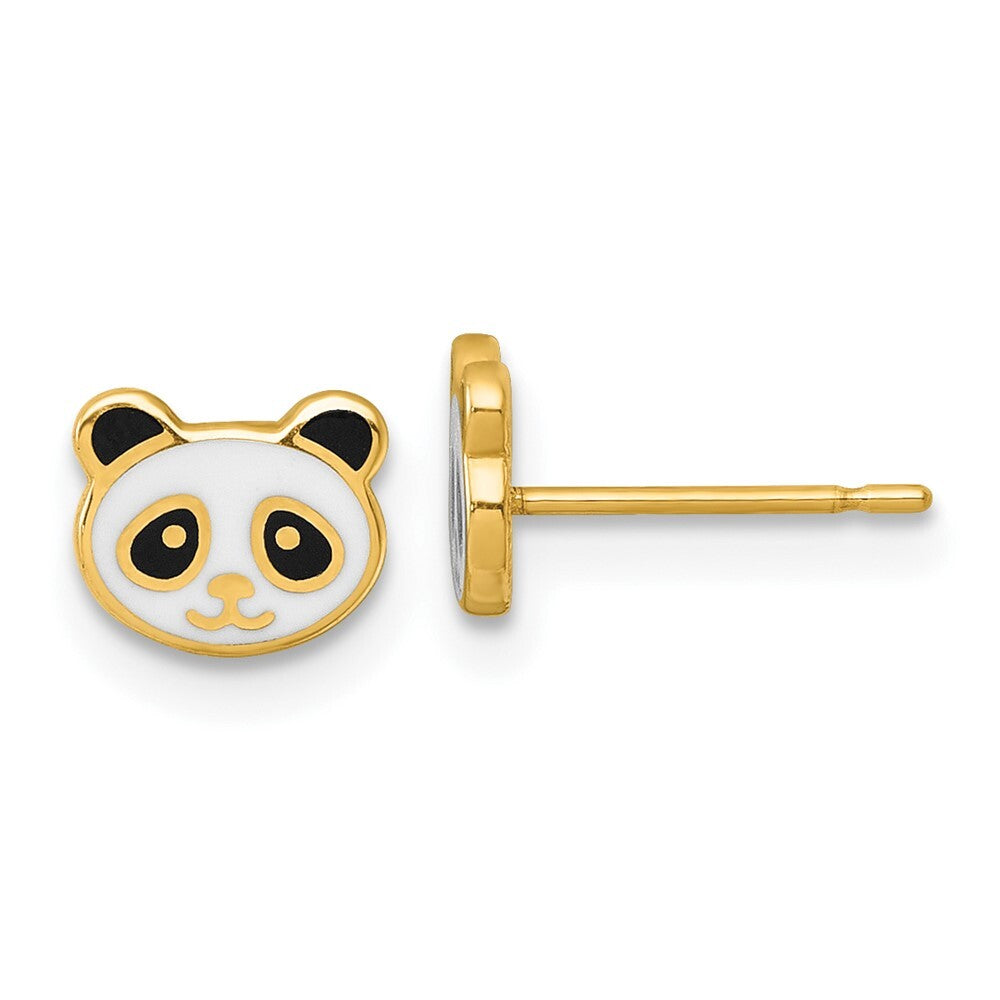14k Yellow Gold Polished Black & White Enameled Panda Stud Earrings