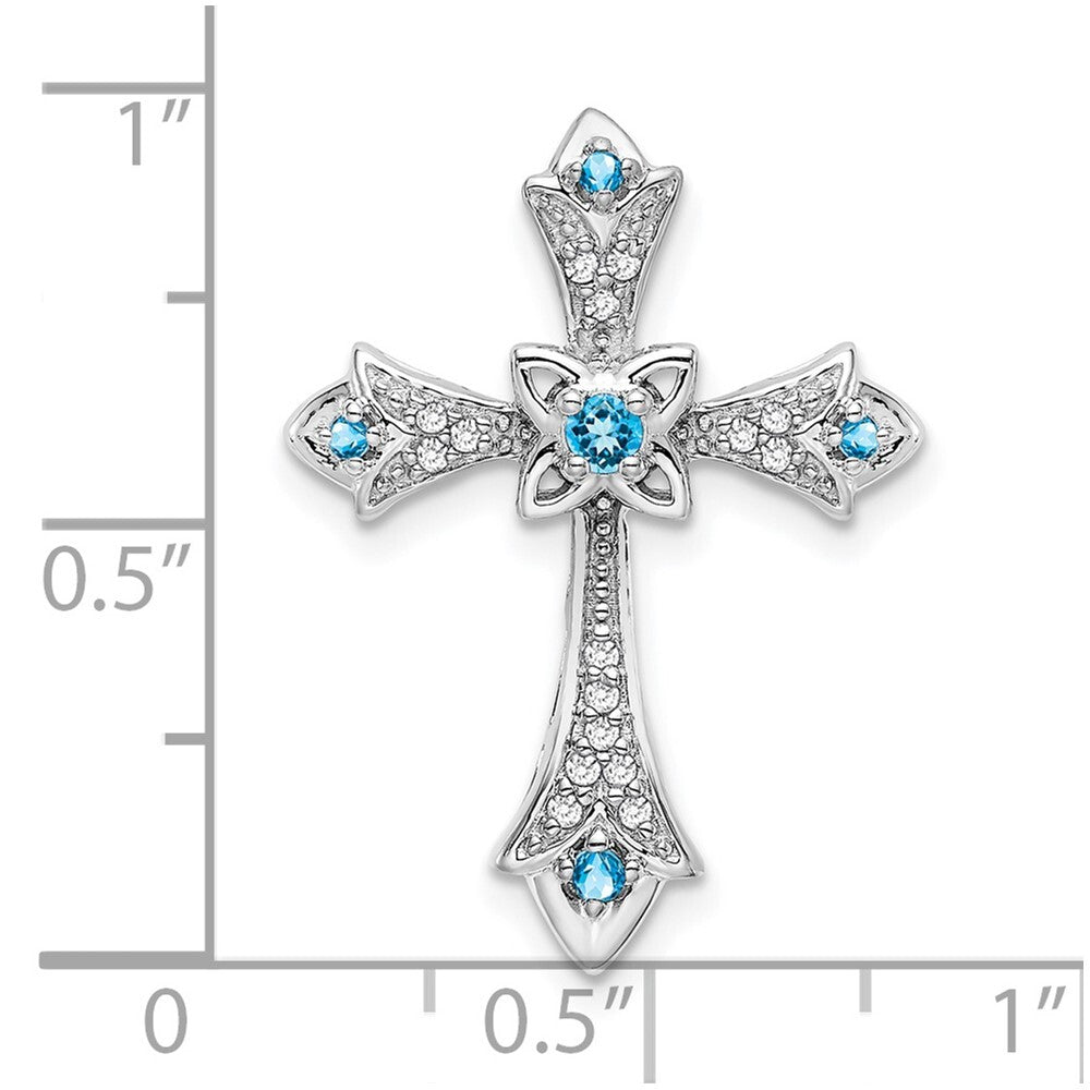 14k White Gold Blue Topaz and Diamond Fleur de Lis Cross Chain Slide Pendant