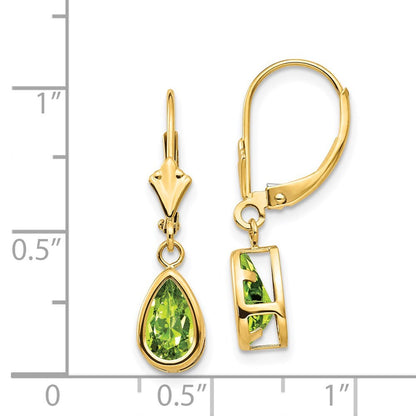 14k Yellow Gold 8x5mm Pear Peridot Leverback Drop & Dangle Earrings