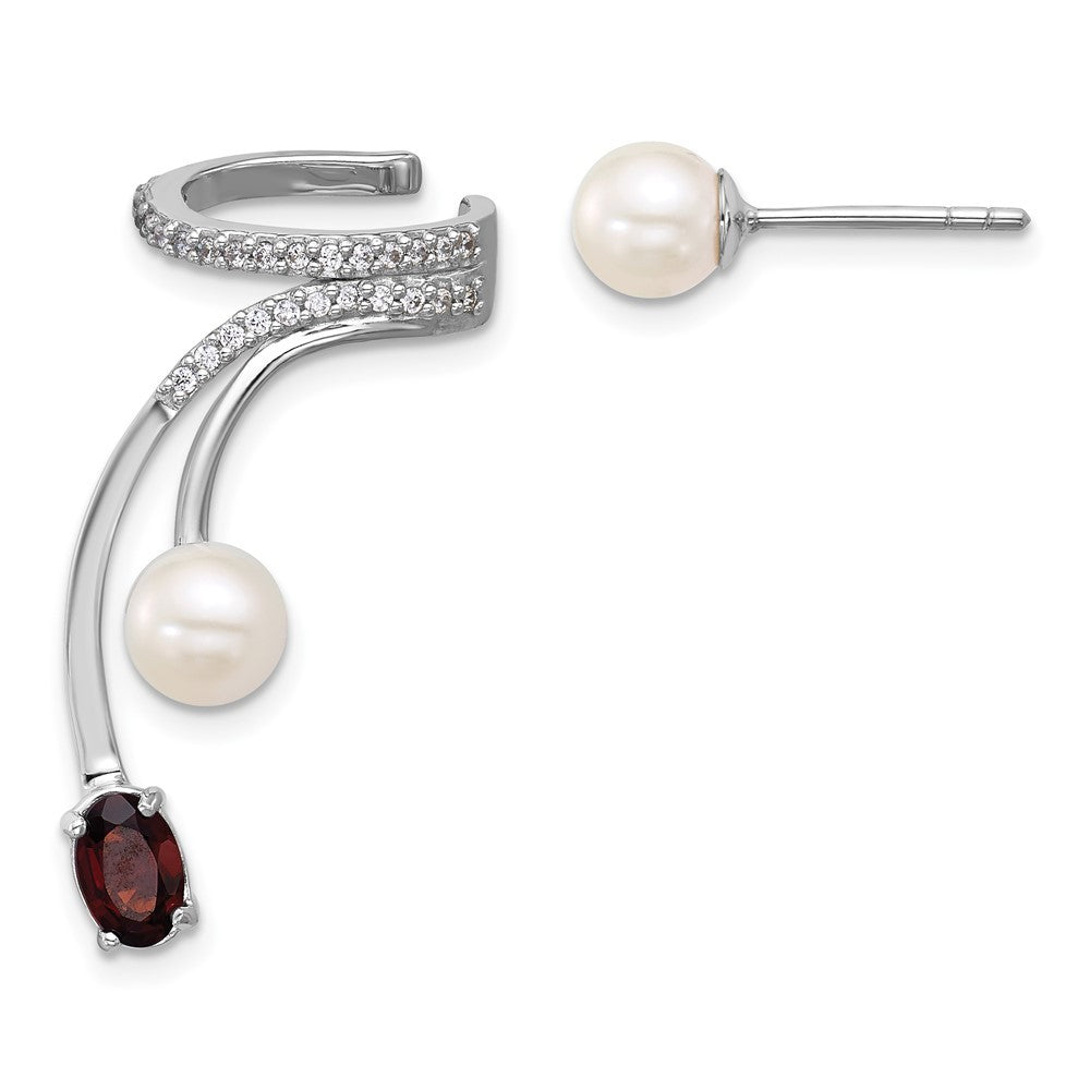 Sterling Silver CZ, Freshwater Cultured Pearl & Garnet Cuff Asymmetric Earrings