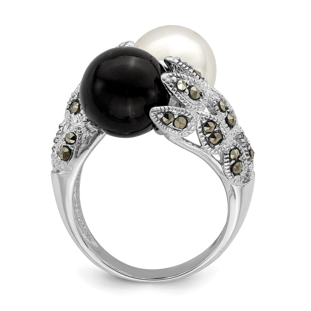 Sterling Silver Black and White Plastic Imitation Pearl Marcasite Ring Size 7