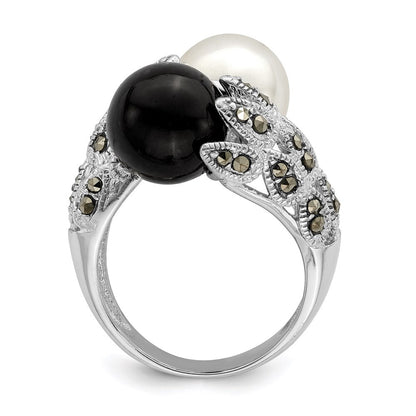 Sterling Silver Black and White Plastic Imitation Pearl Marcasite Ring Size 7