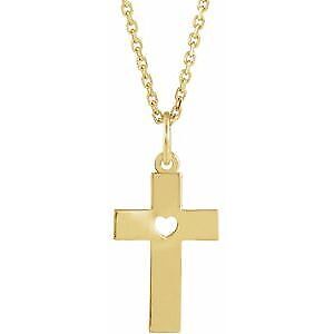 14k Yellow Gold Pierced Heart Cross 15" Necklace Gift for Women