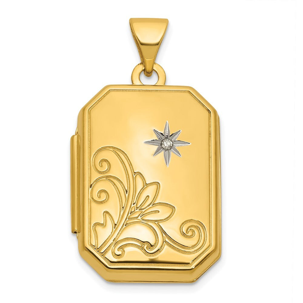 14k Yellow Gold Diamond Polished Floral And Star 20mm Rectangle Locket Pendant