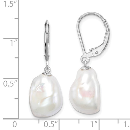 Sterling Silver 11-12mm Keshi Cultured Pearl Leverback Dangle Earrings