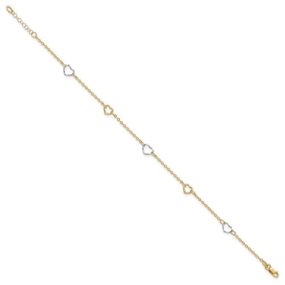 14K Two-tone Polished Open Hearts 5-Station 10" Anklet