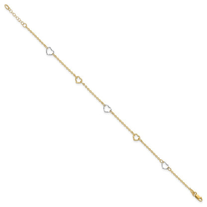 14K Two-tone Polished Open Hearts 5-Station 10" Anklet
