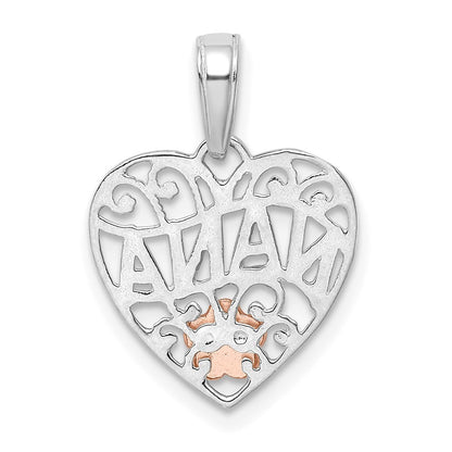 14k White Gold w Rose Gold Flower NANA Heart Pendant