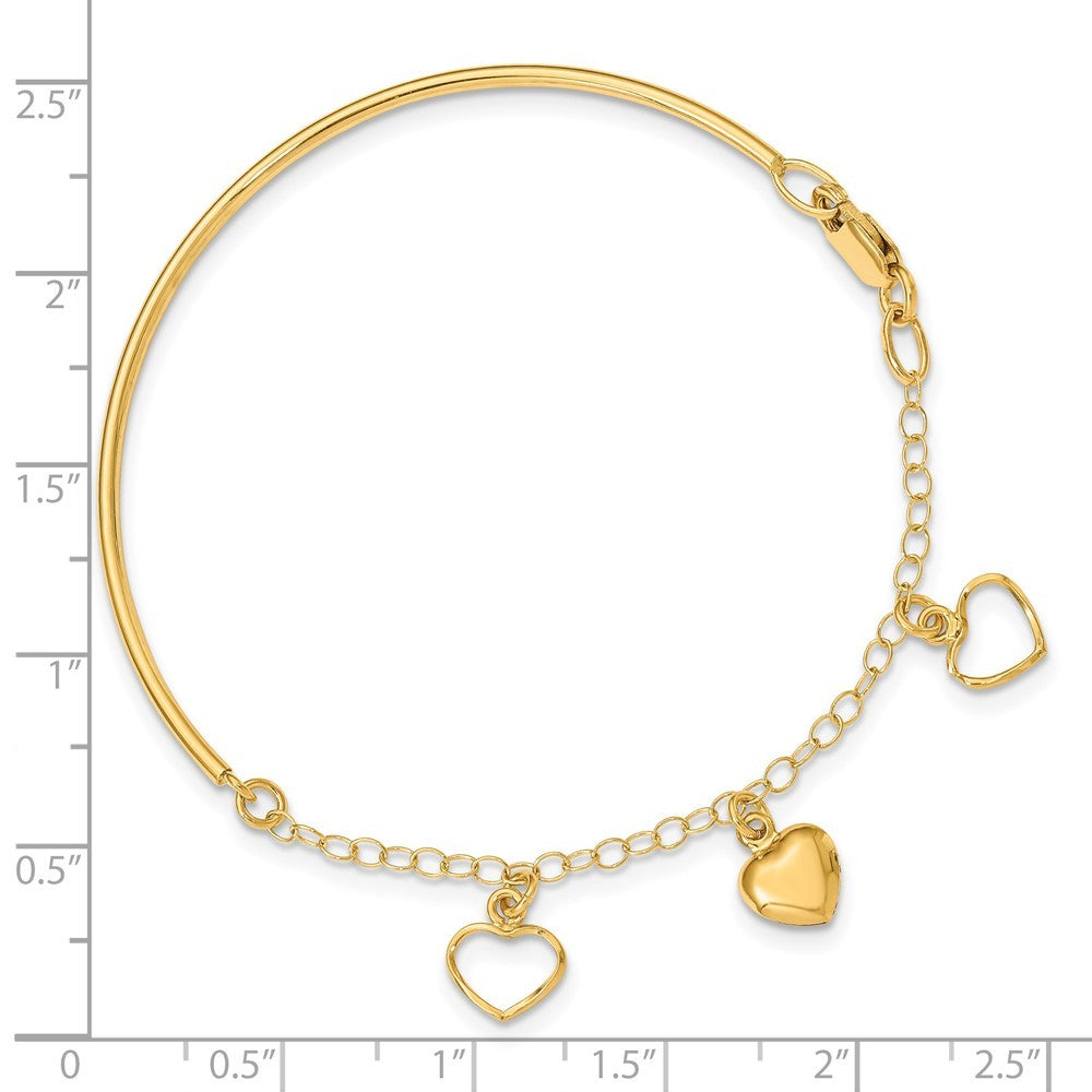 14k Yellow Gold Polished Dangle Heart Chain Bracelet Half Bangle 7 inch Bracelet