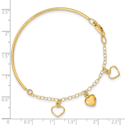 14k Yellow Gold Polished Dangle Heart Chain Bracelet Half Bangle 7 inch Bracelet
