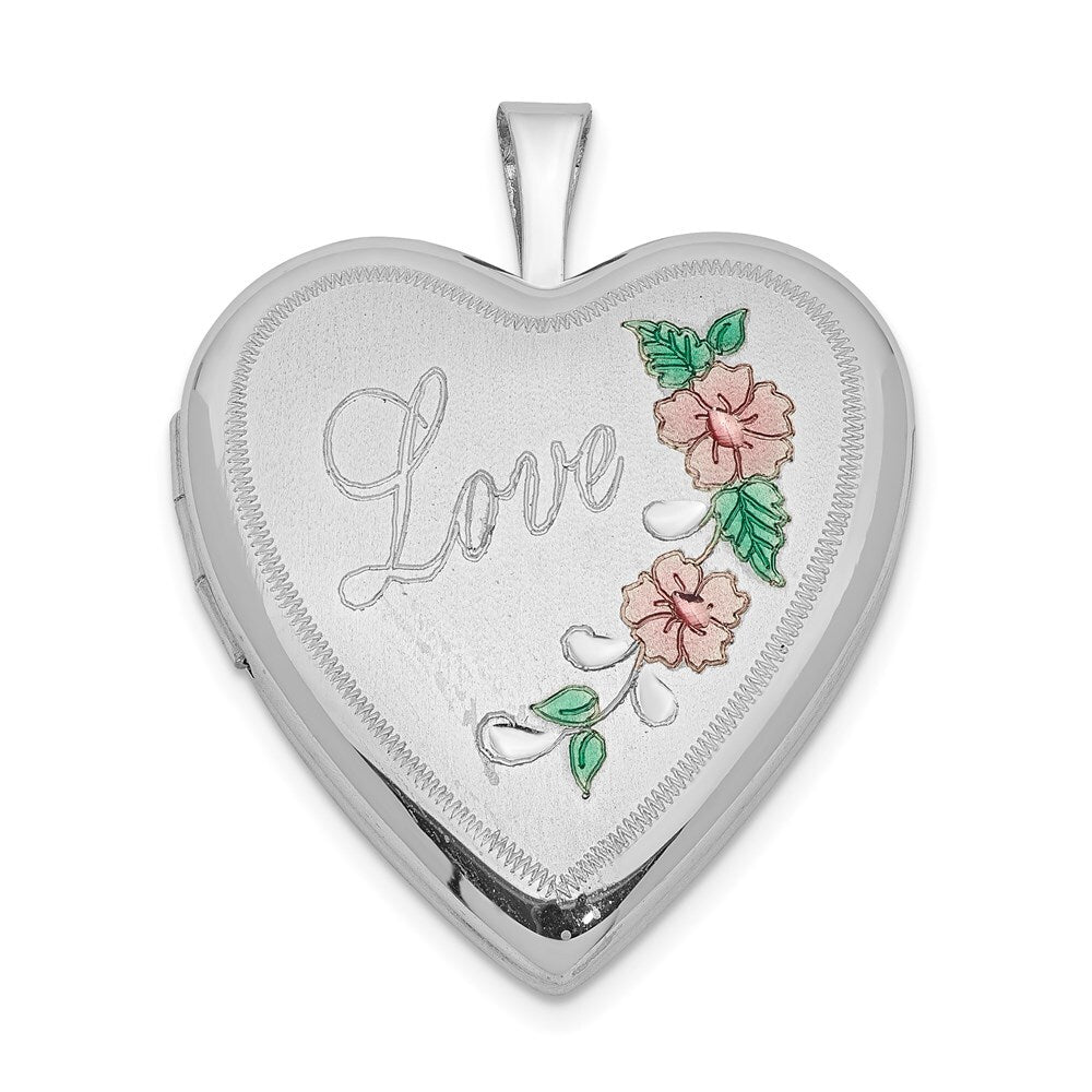 Sterling Silver Rhodium-plated 20mm Diamond-cut & Enameled Love Heart Locket