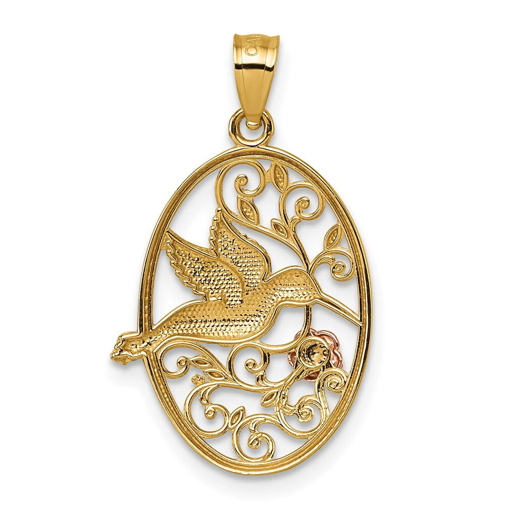 14k Two-tone Gold  White Rhodium Polished Humming Bird & Flower Pendant