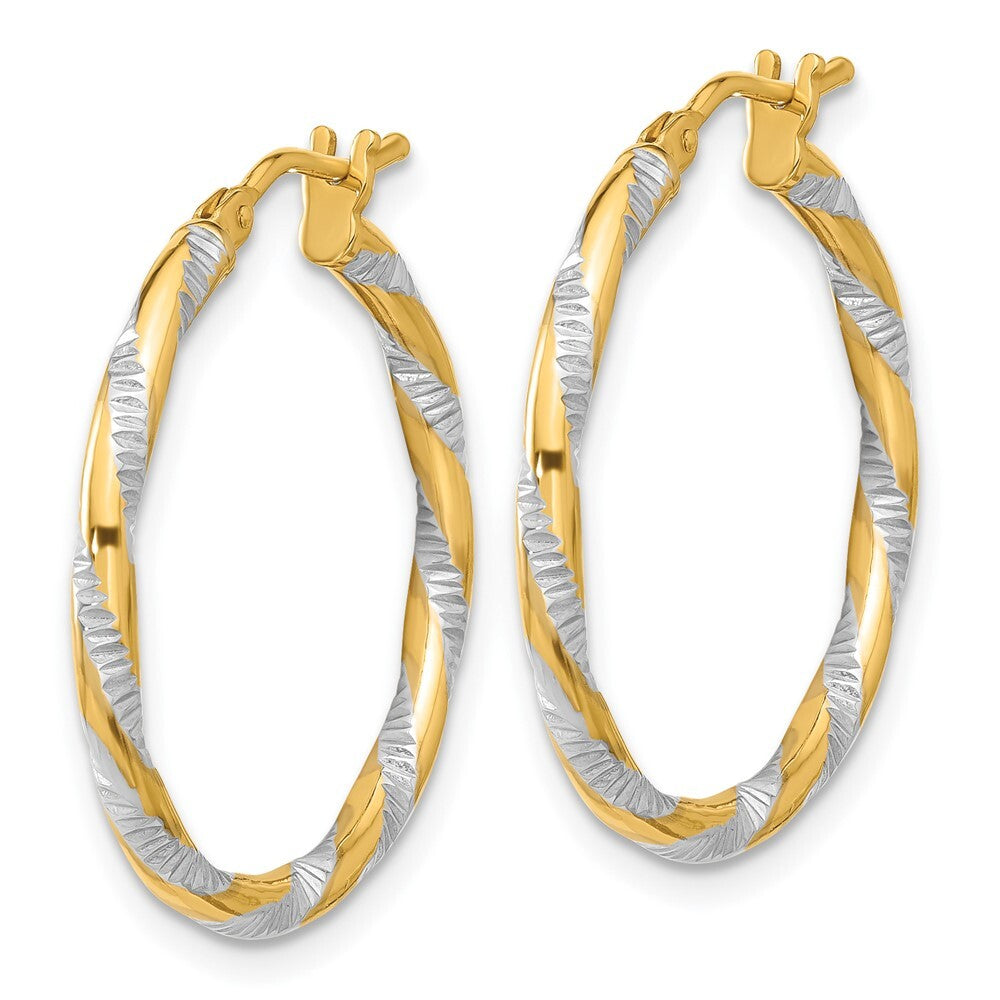 14k Yellow Gold and White Rhodium Polished Diamond-cut Hoop Earrings