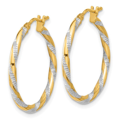 14k Yellow Gold and White Rhodium Polished Diamond-cut Hoop Earrings